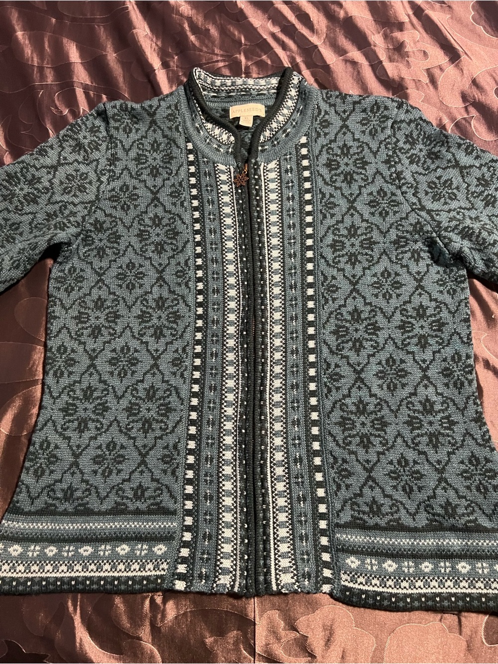 Appleseed's Nordic Fair Isle Zip Sweater Cardigan Blue Teal Green Snowflake XL